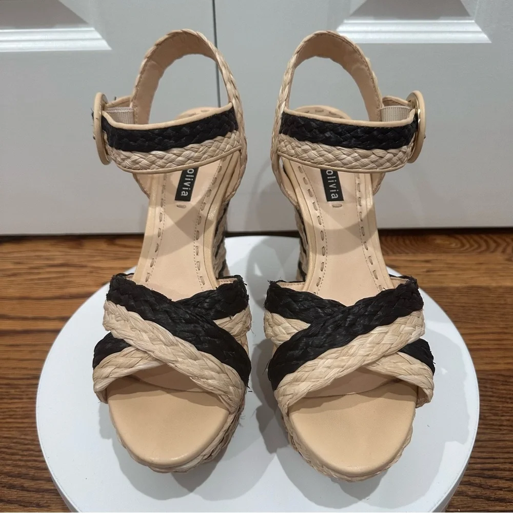 Alice + Olivia Rafia Woven 1” Platform Black Tan Straw Summer Wedge Sandal Size9